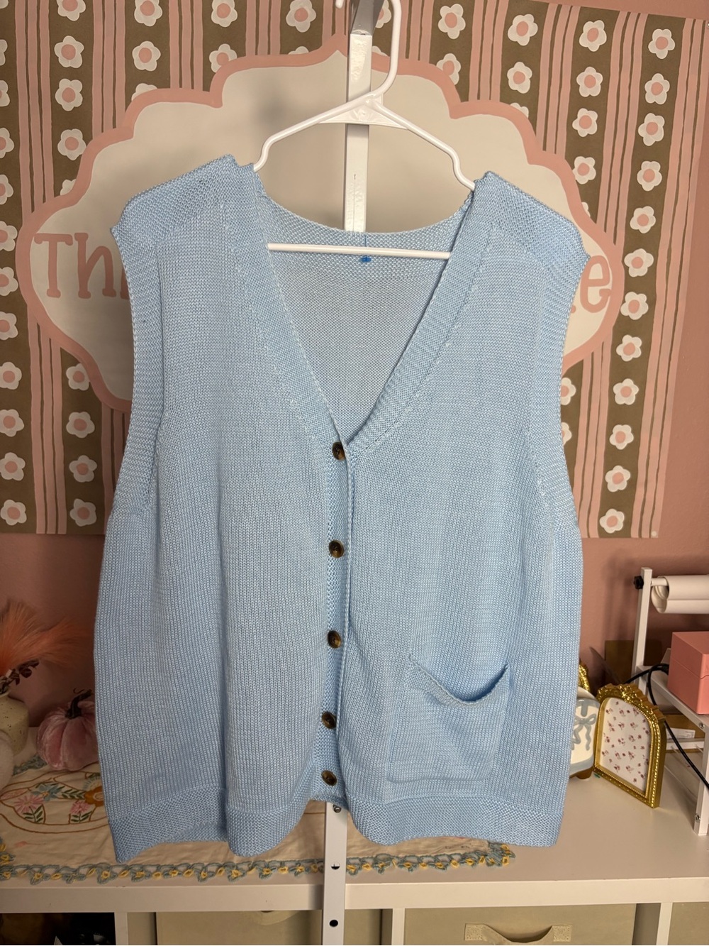Light Blue V-Neck Button Front Sleeveless Knit Vest